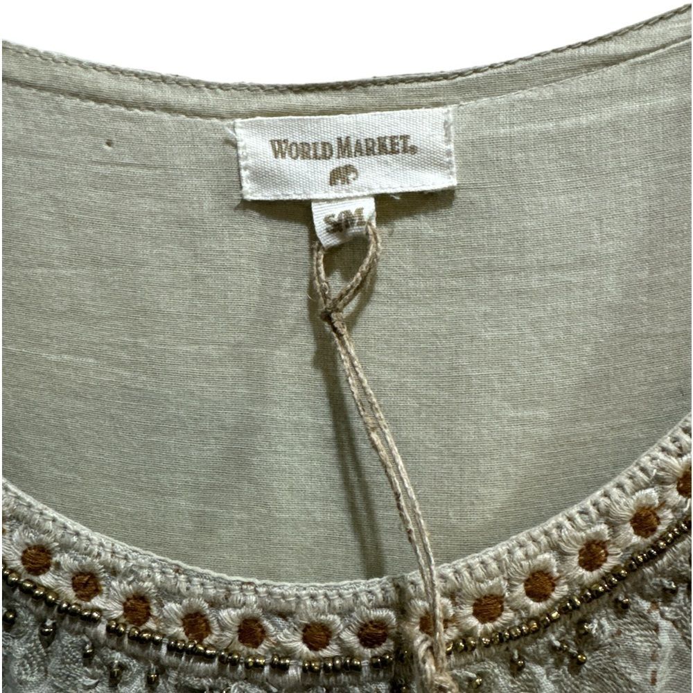 WORLD MARKET Tasha Taupe Geometric Embroidered Scoop Neck Babydoll Top NWT S/M - Picture 6 of 7